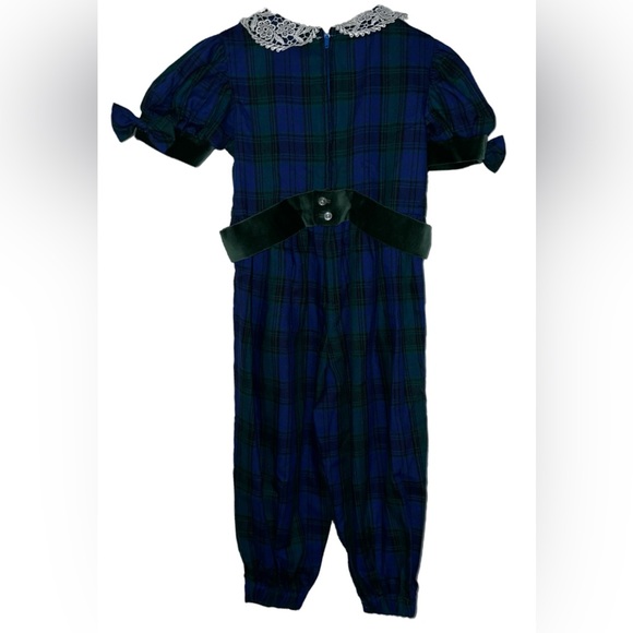 NWT Vintage Baby Girls Long Bubble Romper  Blue Green Plaid Eyelet Lace Ruffle 3 - Picture 3 of 5